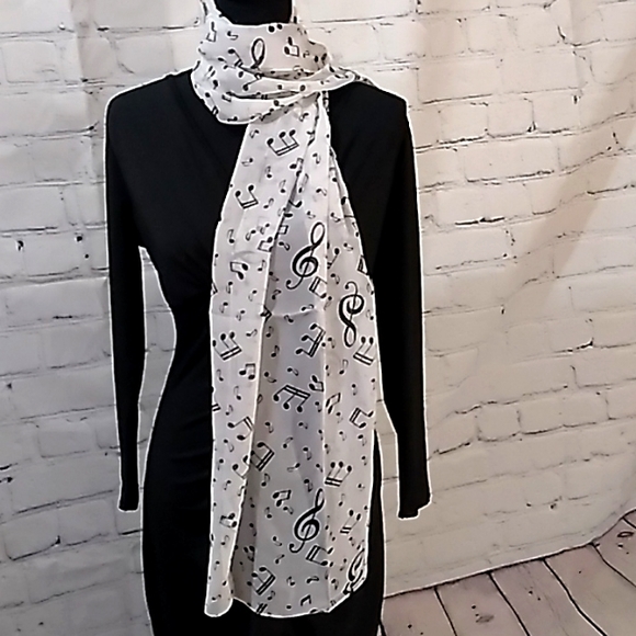 Chiffon Black Music Note Print Wrap Scarf White + Scarf Buckle - Picture 4 of 16